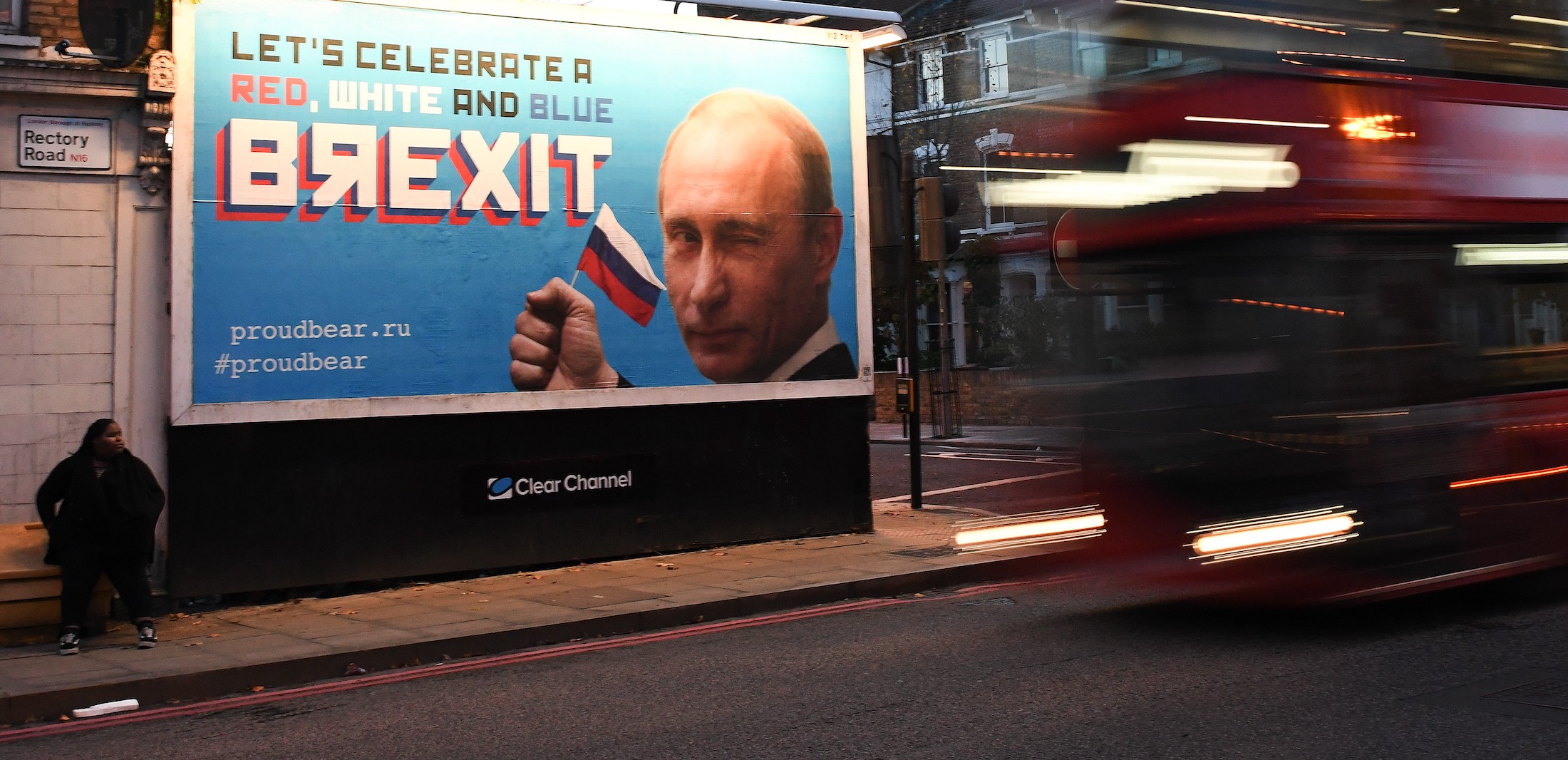 A billboard in London points to Putin's possible involvement in BREXIT. | DANIEL SORABJI:AFP via Getty Images