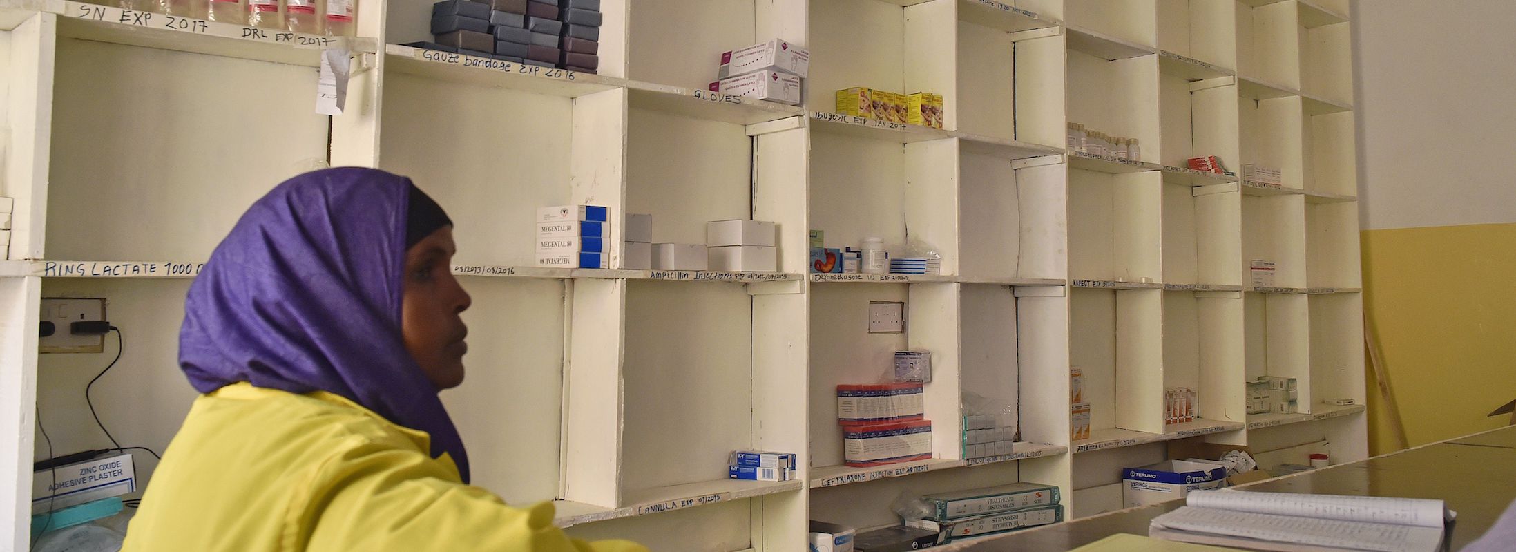 A woman in Somalia minds a pharmacy in a stabilization center