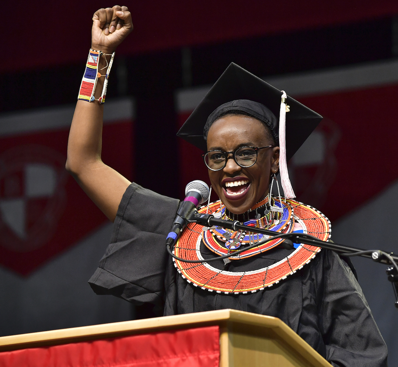 Berklee student Beth Njoki Mwangi of Kenya delivers the student address at the Berklee College of Music 2018 Commencement day ceremony. | Paul Marotta/Getty Images