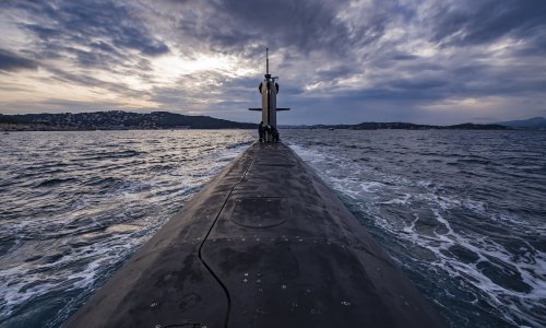 In the Mediterranean Sea, the nuclear submarine "Saphir" surfaces during training exercises in 2009 off Toulon, France. 
