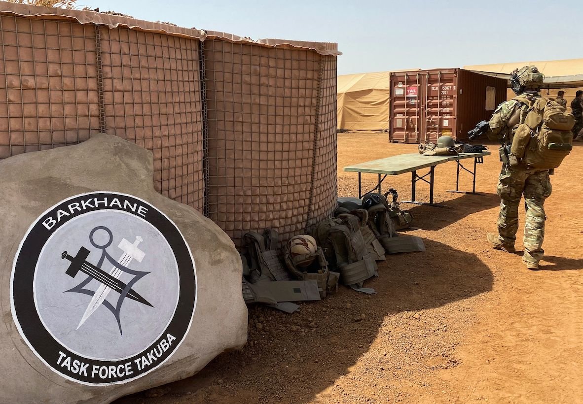 At a military base in Menaka on November 3, 2020, soldiers arrive for the France-led Barkhane Task Force Takuba, a multinational military mission in sub-Saharan Africa's troubled Sahel region that will train, advise, assist and accompany local forces in their fight against Islamic State and al-Qaeda affiliates in the region. 