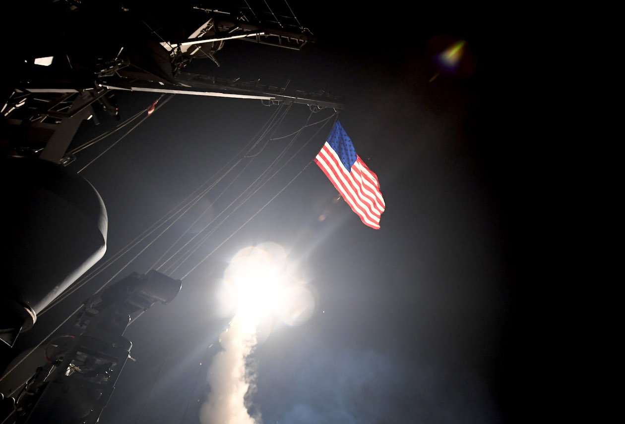The guided-missile destroyer USS Porter fires a Tomahawk land attack missile on April 7, 2017 in the Mediterranean Sea. 