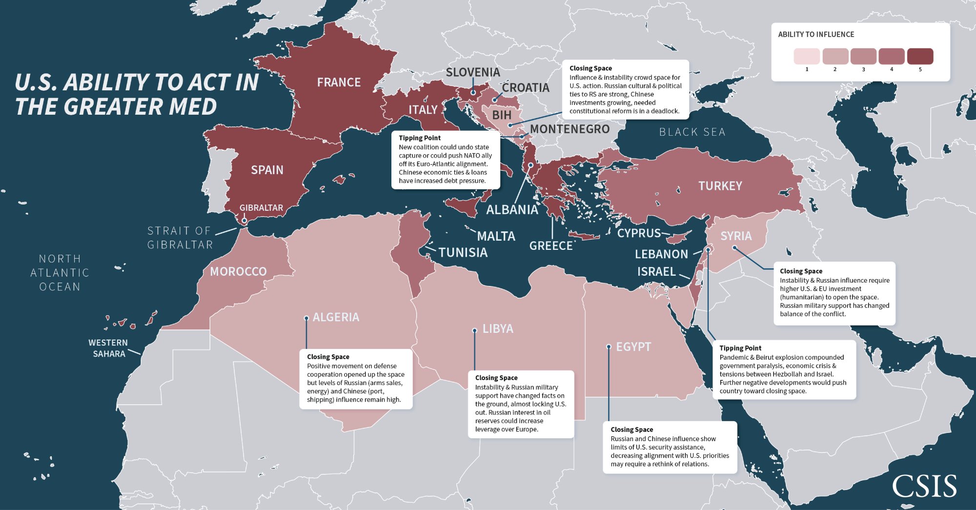 A map showing where the U.S. has the ability to act in the greater Mediterranean.