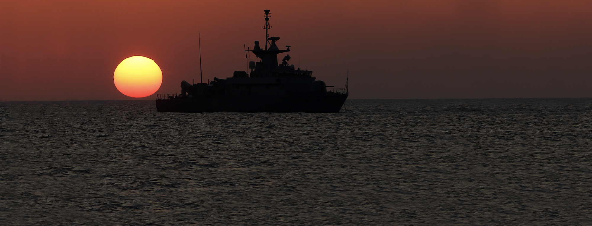 A NATO (North Atlantic Treaty Organization) ship patrols the Aegean Sea passage between Greece and Turkey in May 2018. 