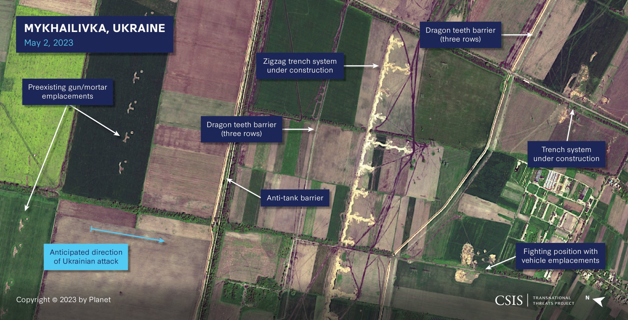 Figure 7: Multilayered Defenses North of Mykhailivka, Ukraine