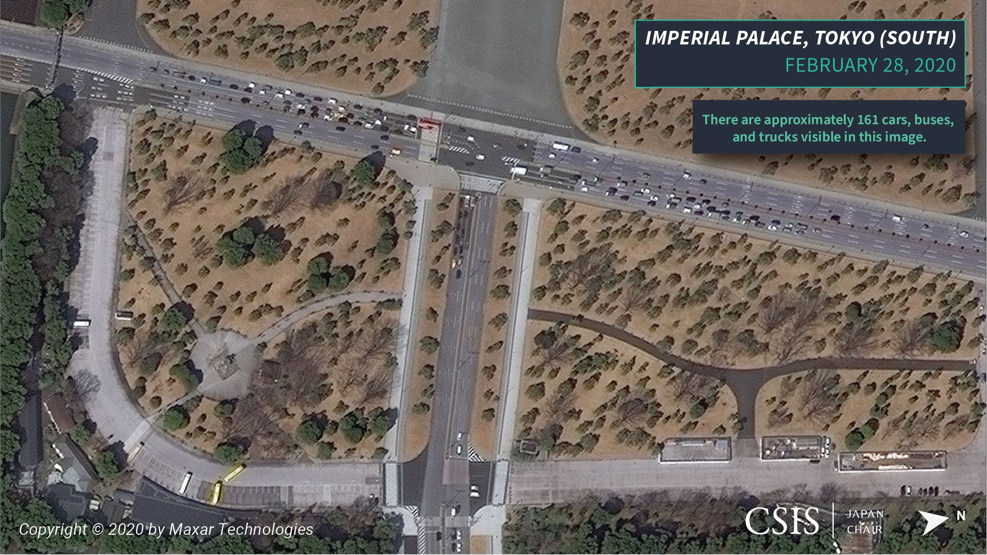 February 28, 2020: Typical flow of traffic to the south of Tokyo’s Imperial Palace.