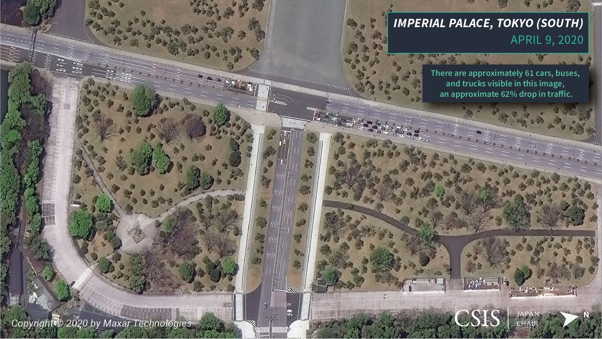 April 9, 2020: The same intersection just six weeks later—a 62 percent drop in traffic.