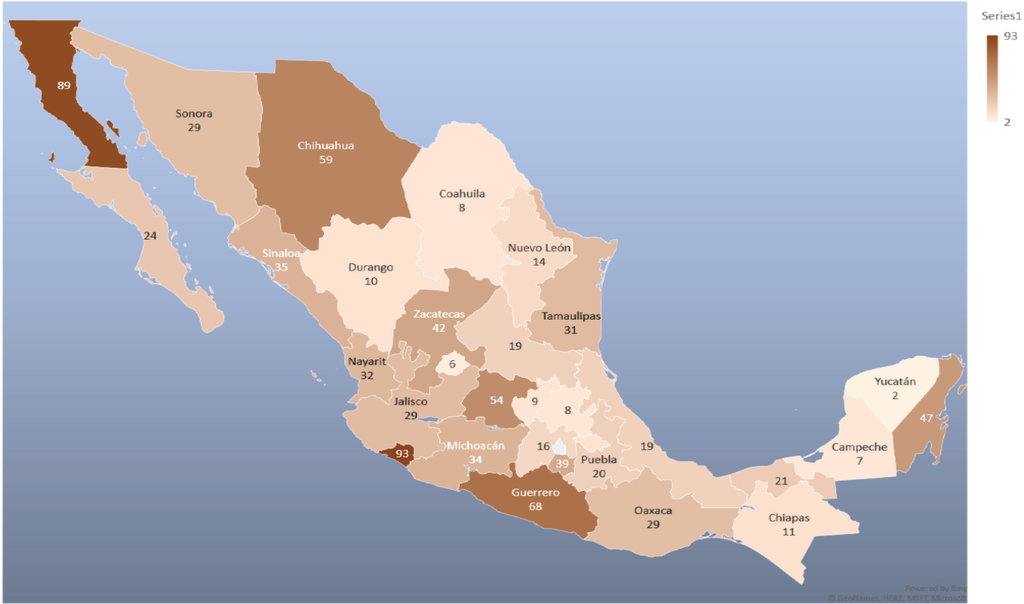 2018: Homicide Rates by Mexican State (per 100,000 people)