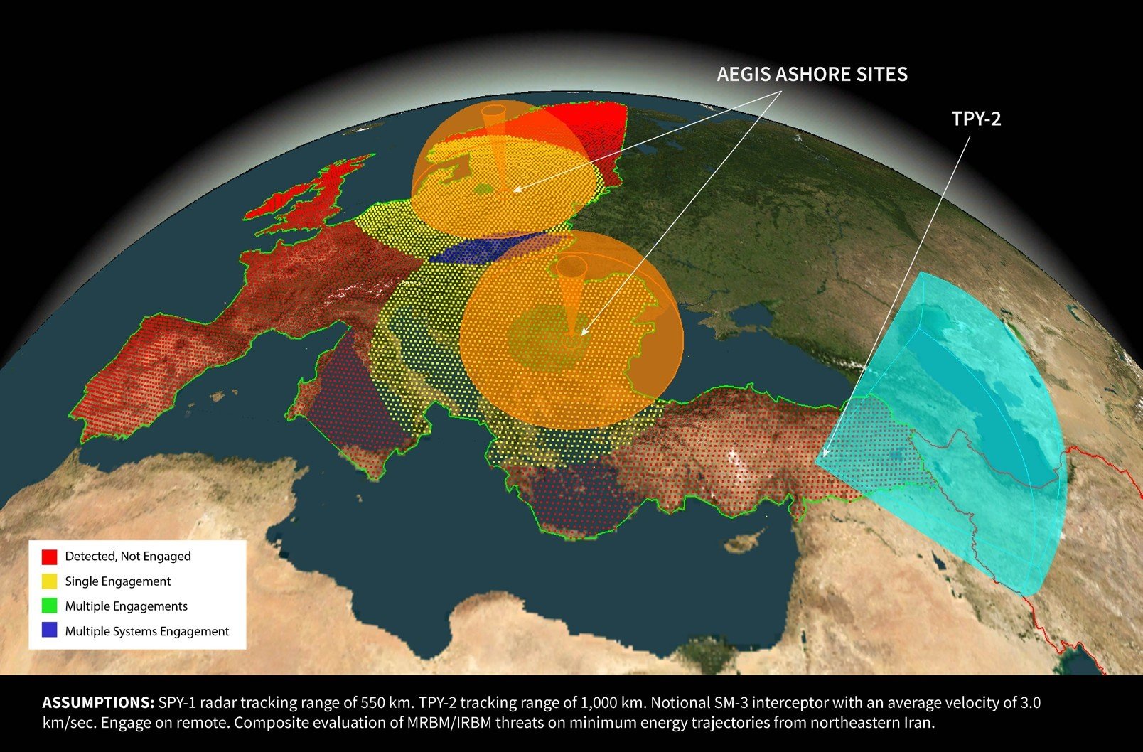 Fgure 3A: Composite Notional Defended Area Footprint of Deveselu and Redzikowo – 3.0 km/sec Interceptor – EOR