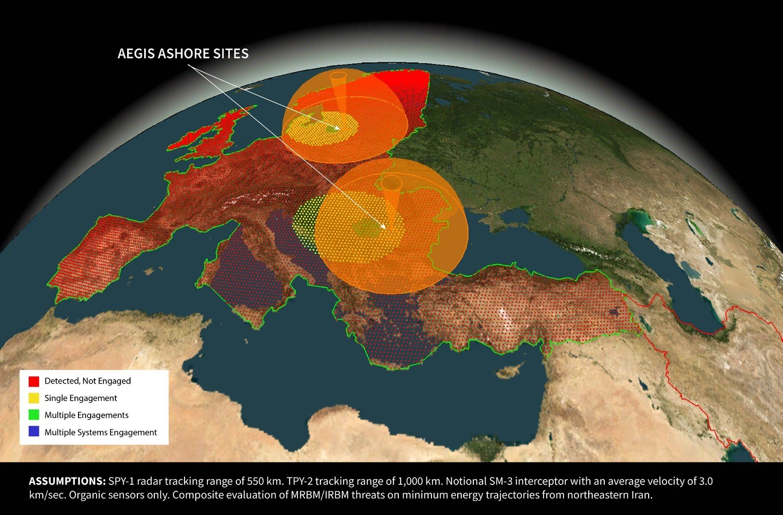 Figure 4A: Notional Defended Area of Redzikowo and Deveselu – 3.0 km/sec Interceptor – Organic Tracking Only