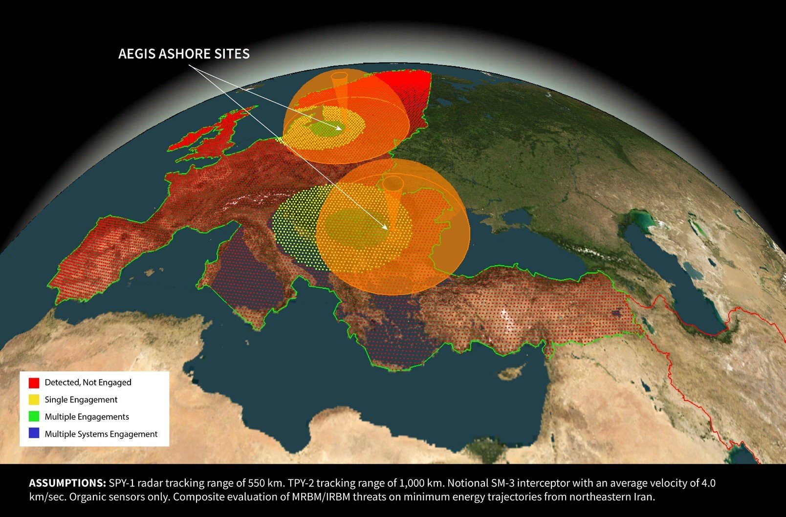 Figure 4B: Notional Defended Area of Redzikowo and Deveselu – 4.0 km/sec Interceptor – Organic Tracking Only