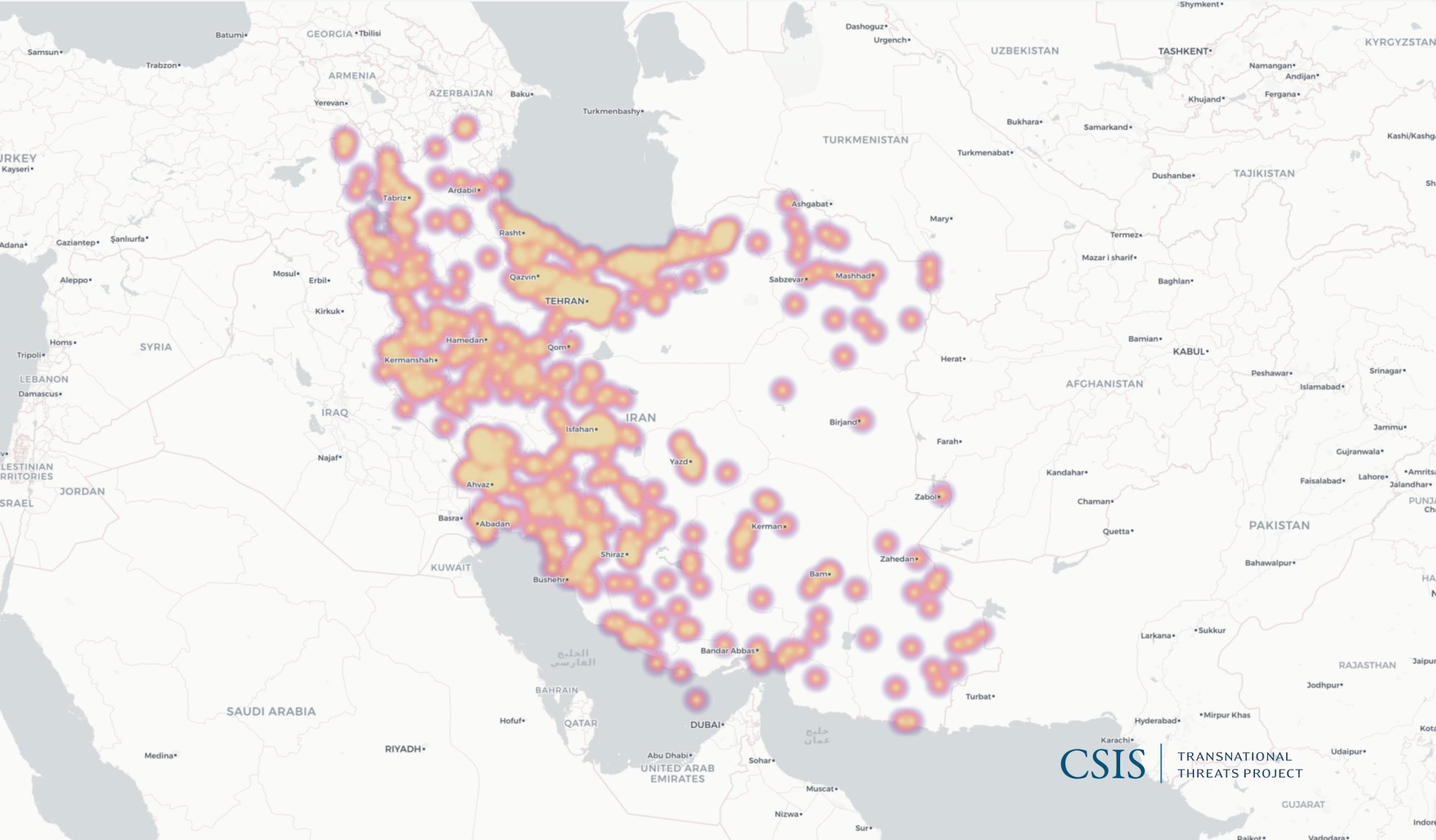 Figure 2: Heat Map of Protests in Iran, January 2018 to October 2019