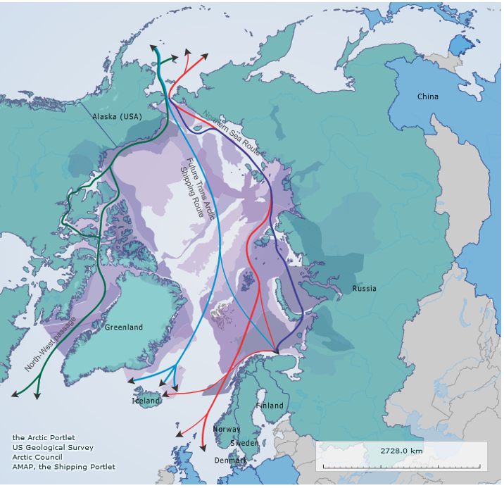Photo: Center for Strategic and International Studies / Energy and National Security Program (January 2018); created with Arctic Portal Mapping Tools. Purple areas represent U.S. Geological Survey oil and gas reserve estimates; Arctic Council member states are highlighted in green, and observer states are highlighted in blue.