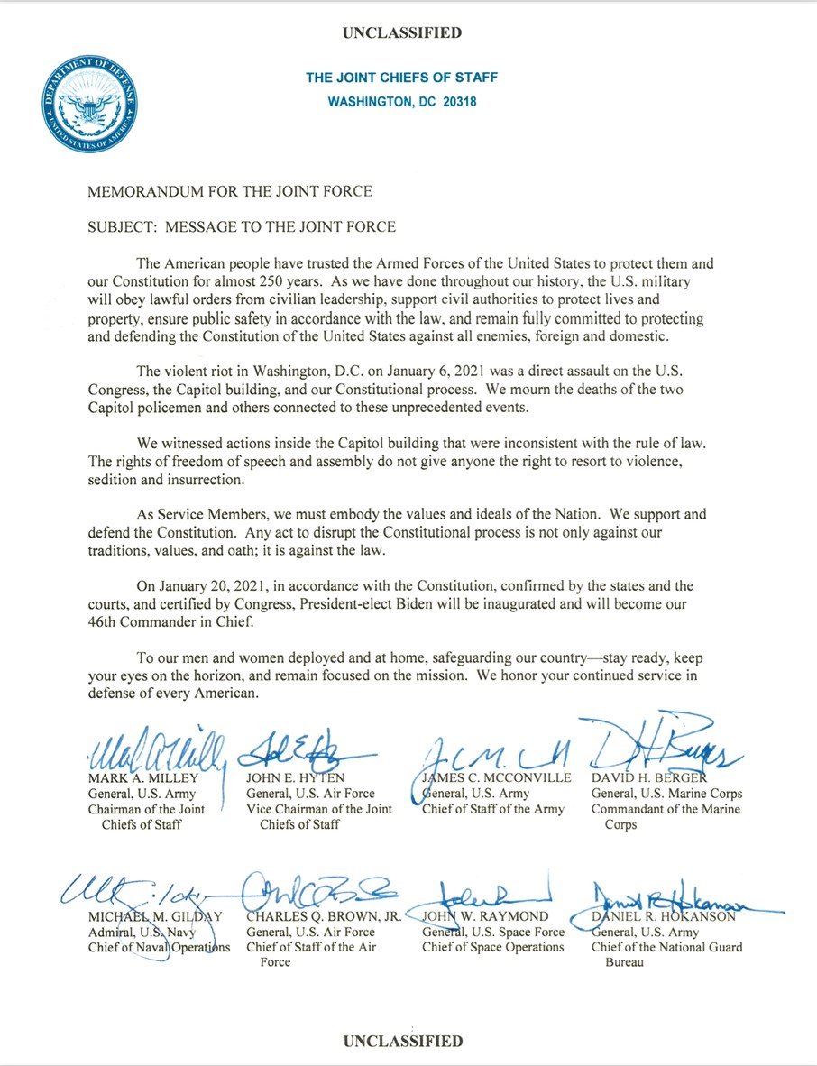 Source: Dustin Jones, “Joint Chiefs Remind U.S. Forces That They Defend the Constitution,” NPR, January 12, 2021, https://www.npr.org/sections/insurrection-at-the-capitol/2021/01/12/956170188/joint-chiefs-remind-u-s-forces-that-they-defend-the-constitution.