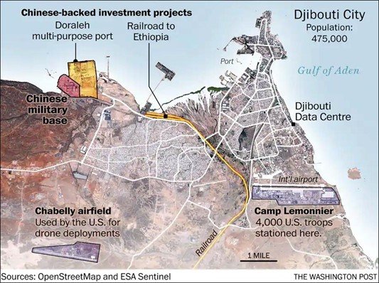 Source: Open street Map; ESA Sentinel; Washington Post; and Juan Cole, “The Dragon Arrives: 1st Chinese overseas Military Base in Djibouti,” Informed Comment, August 2, 2017.