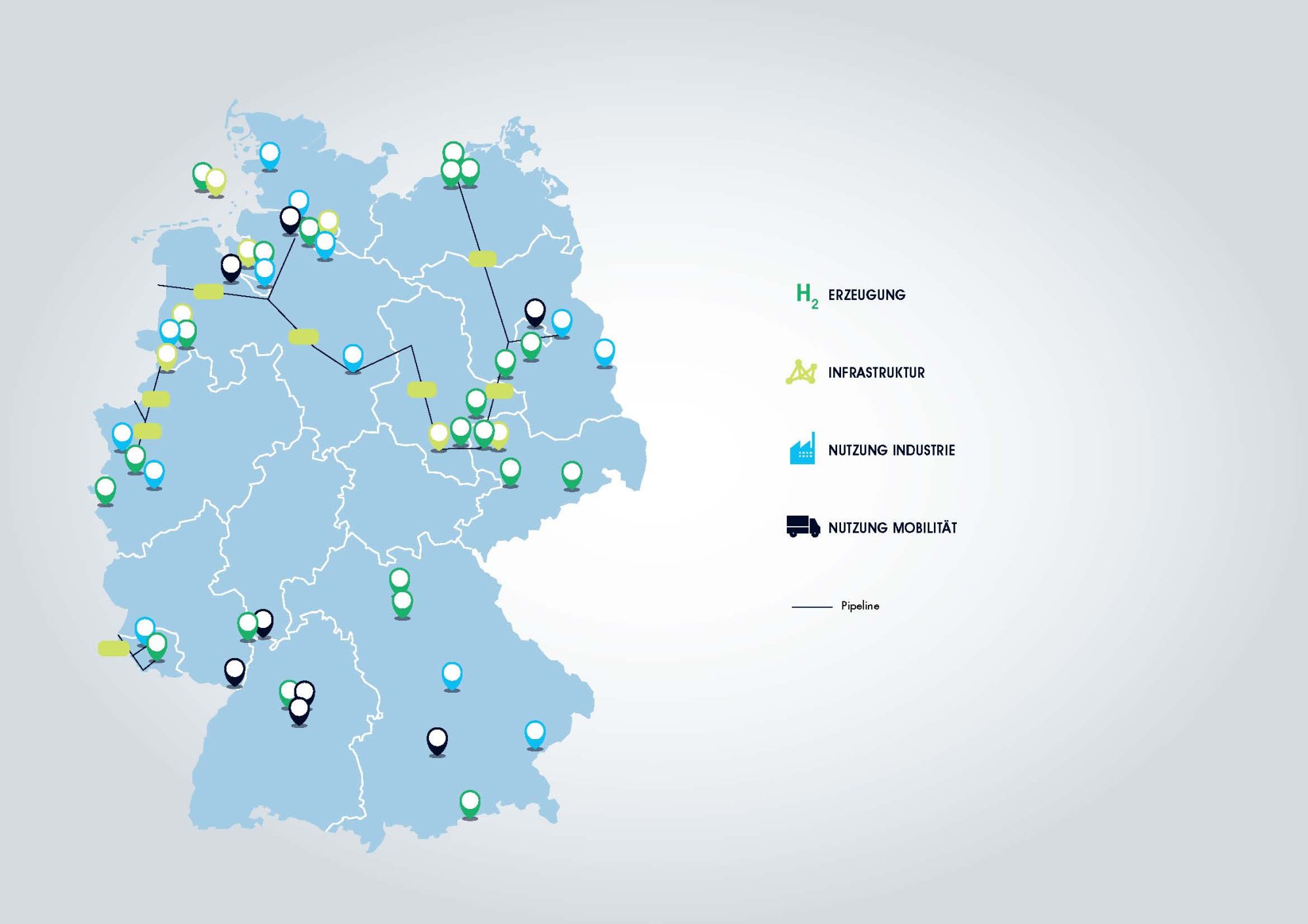 Note: Green: production; yellow: infrastructure; blue: use in industry; black: use in transportation.  Source: German Federal Ministry for Economic Affairs and Energy (BMWi), https://www.bmwi.de/Redaktion/DE/Downloads/I/ipcei-standorte.pdf?__blob=publicationFile&v=6. ©BMWi.