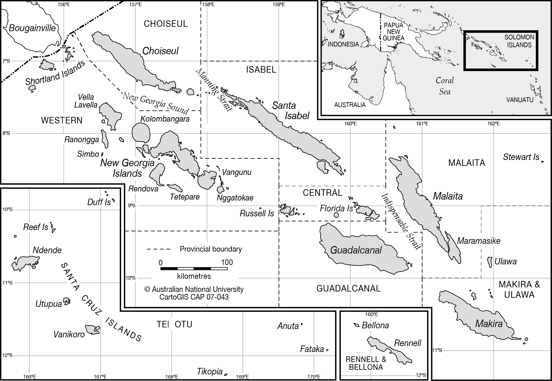 Source: “Solomon Islands with location map,” CartoGIS Services, College of Asia and the Pacific, The Australian National University, updated September 8, 2021, http://asiapacific.anu.edu.au/mapsonline/base-maps/solomon-islands-location-map. Licensed under CC BY-SA 4.0.