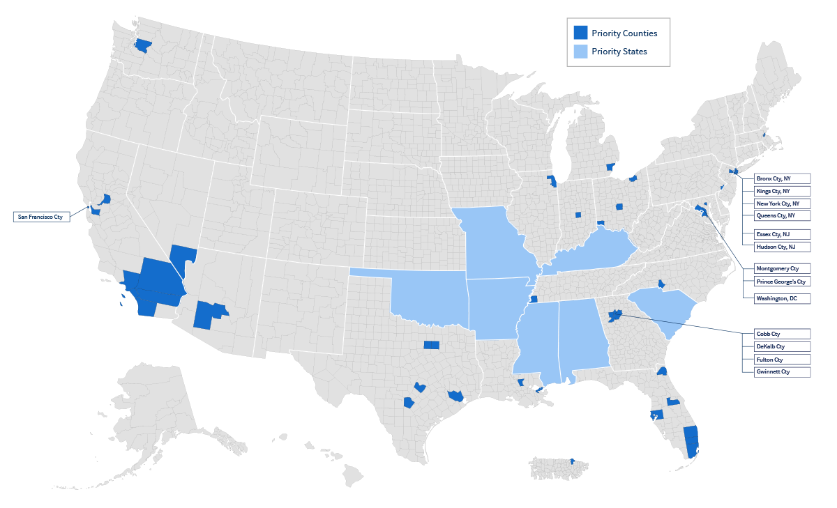 Source: “First Year Geographic Focus Ending the HIV Epidemic: A Plan for America,” Centers for Disease Control and Prevention, last modified June 24, 2019, https://www.cdc.gov/endhiv/docs/Ending-HIV-geographic-focus-508.pdf 