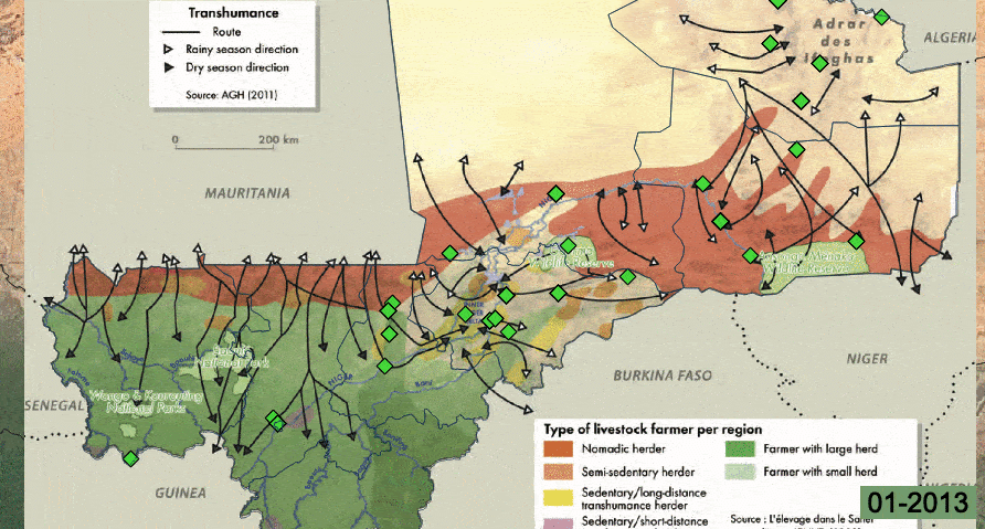 Source: UN Food and Agriculture Organization (FAO) and Centre for International Cooperation in Agricultural Research for Development (CIRAD), Atlas of Trends in Pastoral Systems in the Sahel (FAO and CIRAD, 2012), https://www.fao.org/3/i2601e/i2601e.pdf; “Data Export Tool,” Armed Conflict and Event Data Project, accessed November 2020, https://acleddata.com/data-export-tool/; animation created by Dr. Alison Heslin for Mercy Corps.